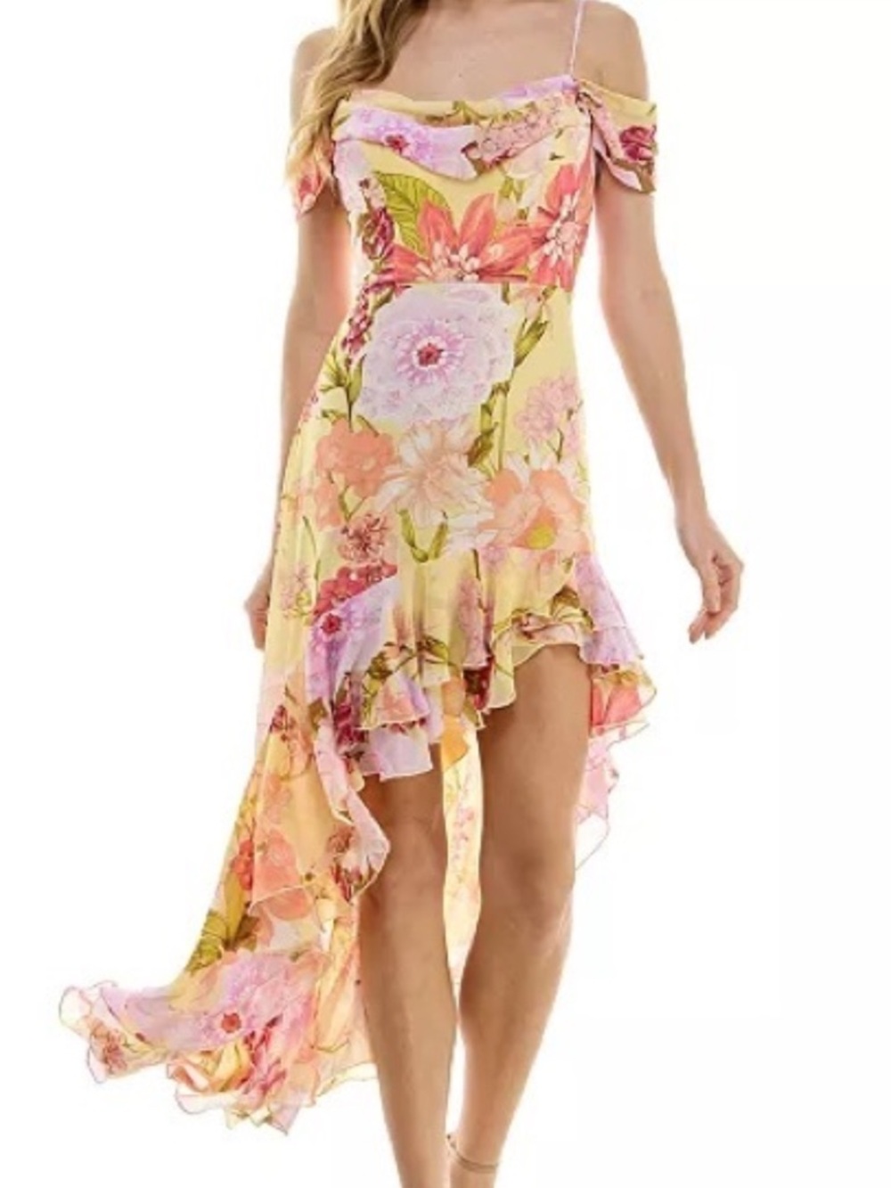 CITY STUDIO Yellow Floral Asymmetrical Dress Size Small